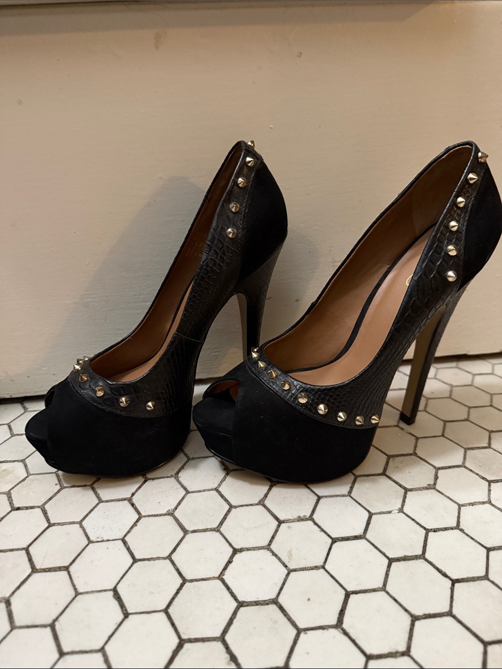 Aldo Women’s Black Studded leather Peep-Toe platform High Heels